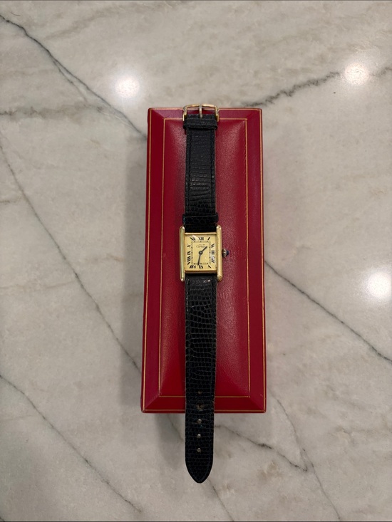 Cartier Accessories - Cartier de Must Women’s Gold-Vermeil Tank Watch with Black Leather Strap VINTAGE